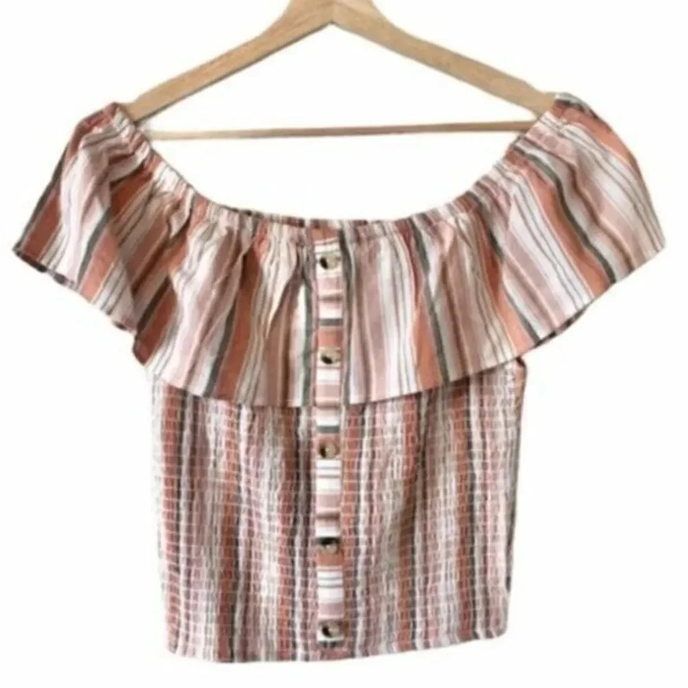 Boutique Dizzire Striped Button Down Off Shoulder Short Sleeve Crop Top S